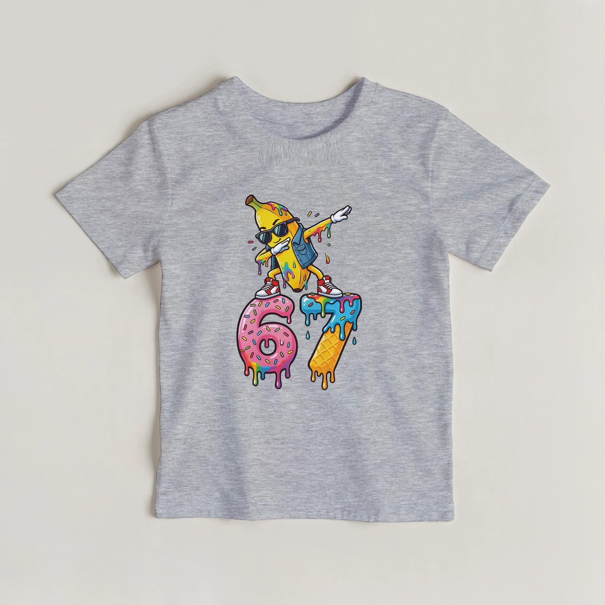A kids t-shirt with a banana dabbing while standing on the numbers 6 7 