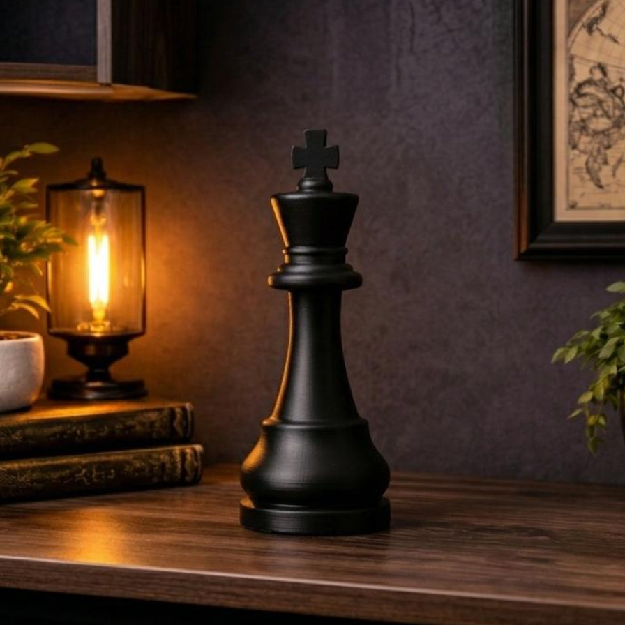 Decorative shelf with a large black king chess piece, small lamp, books, and plants against a dark wall with a world map.