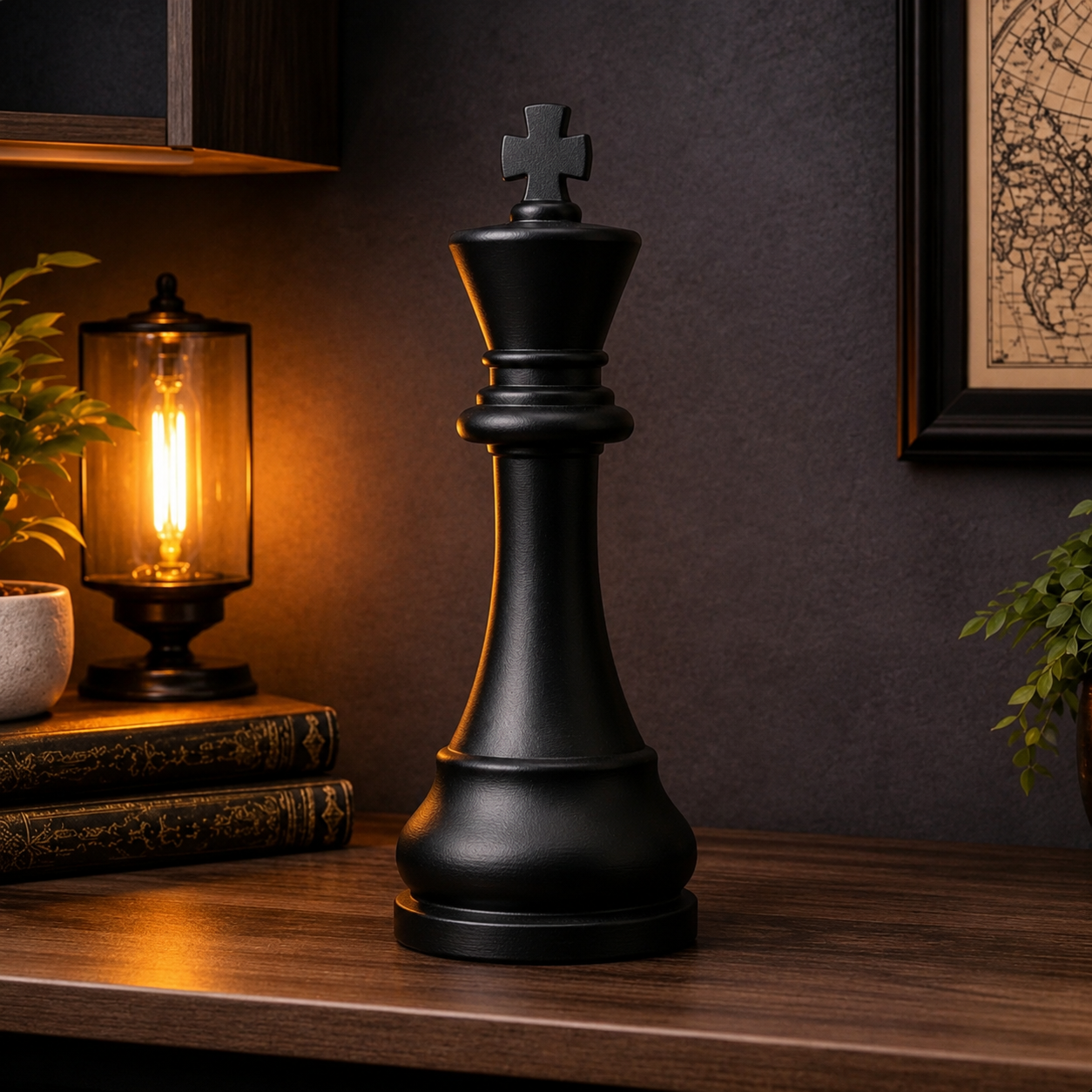 Decorative shelf with a large black king chess piece, small lamp, books, and plants against a dark wall with a world map.