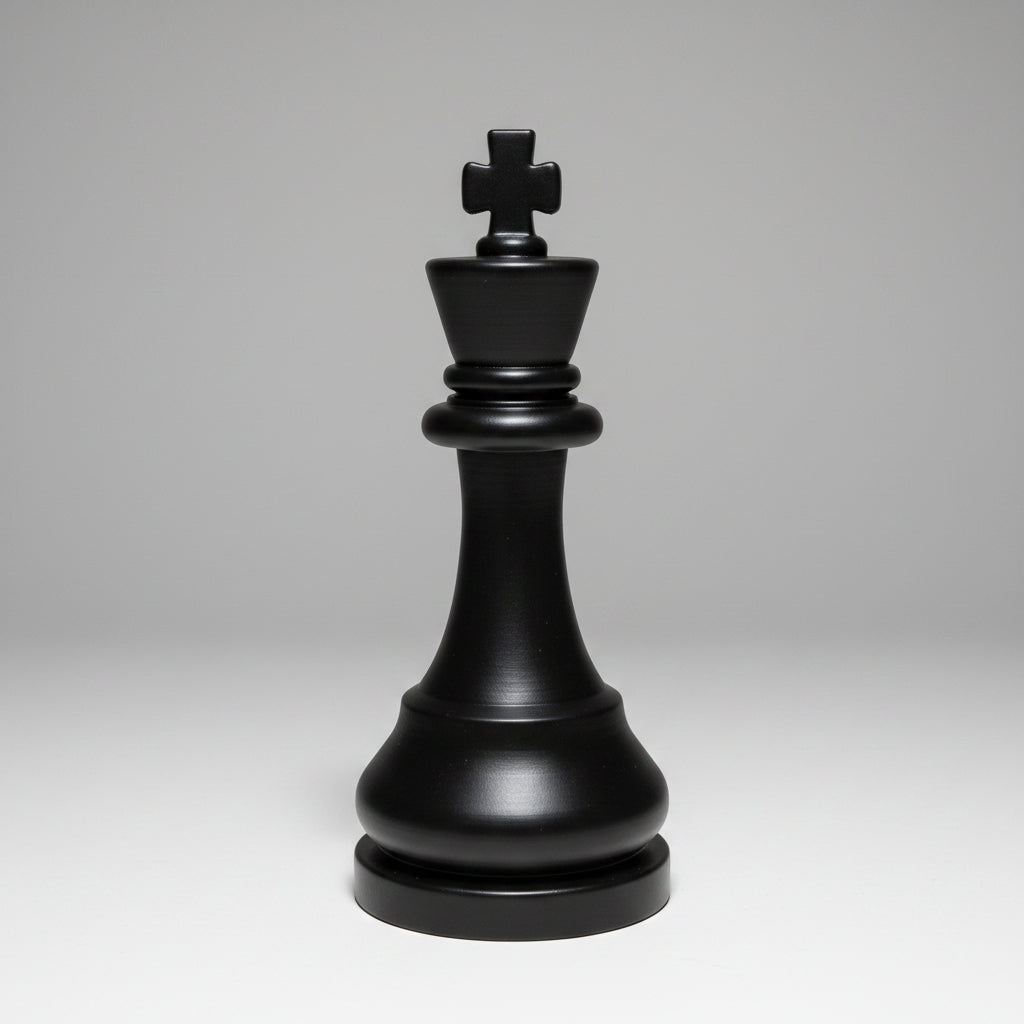A matte black chess king piece centered on a light gray gradient studio background.