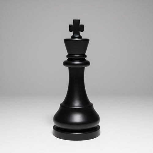 A matte black chess king piece centered on a light gray gradient studio background.