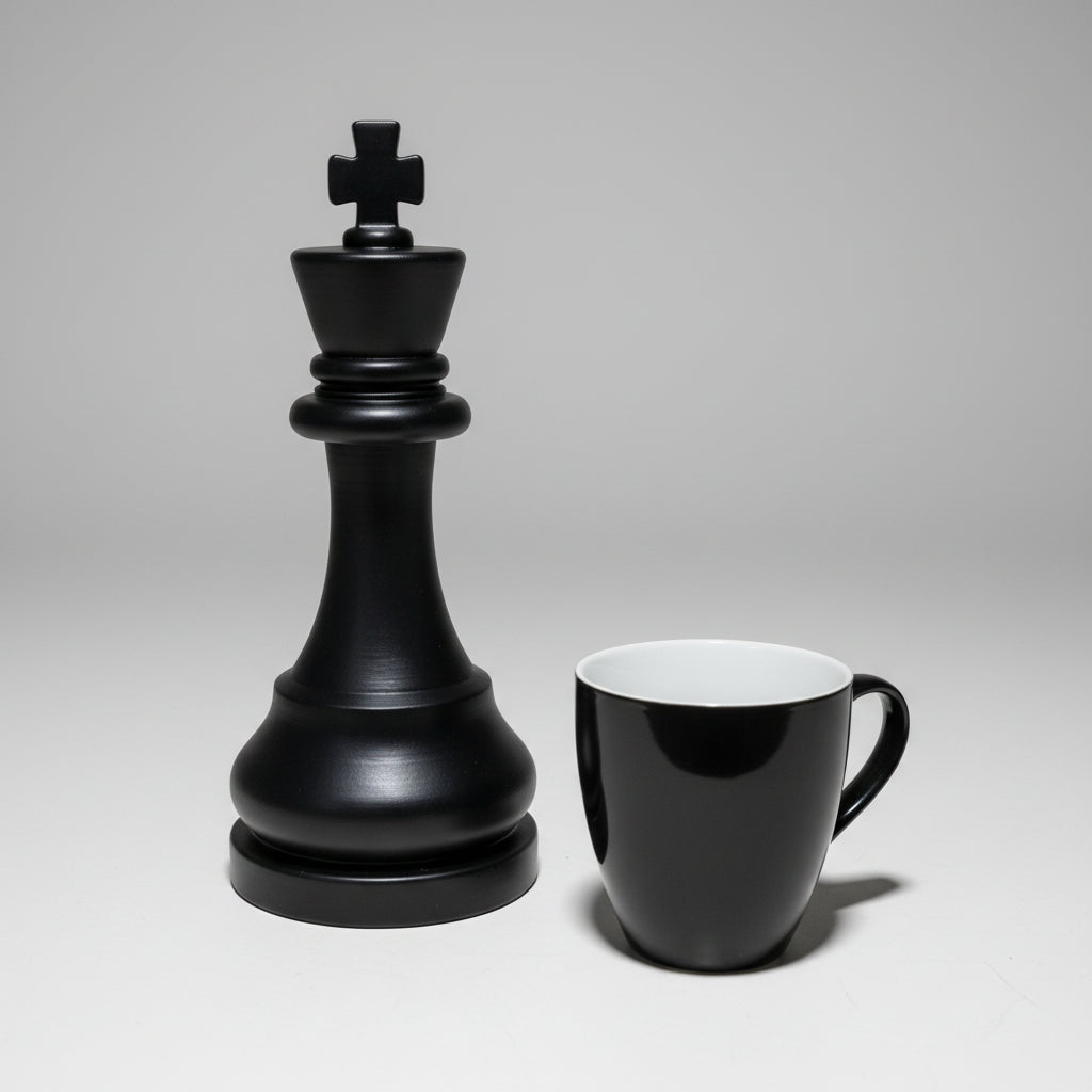 A matte black chess king, shown next to a matching glossy black coffee mug on a light gray studio background.