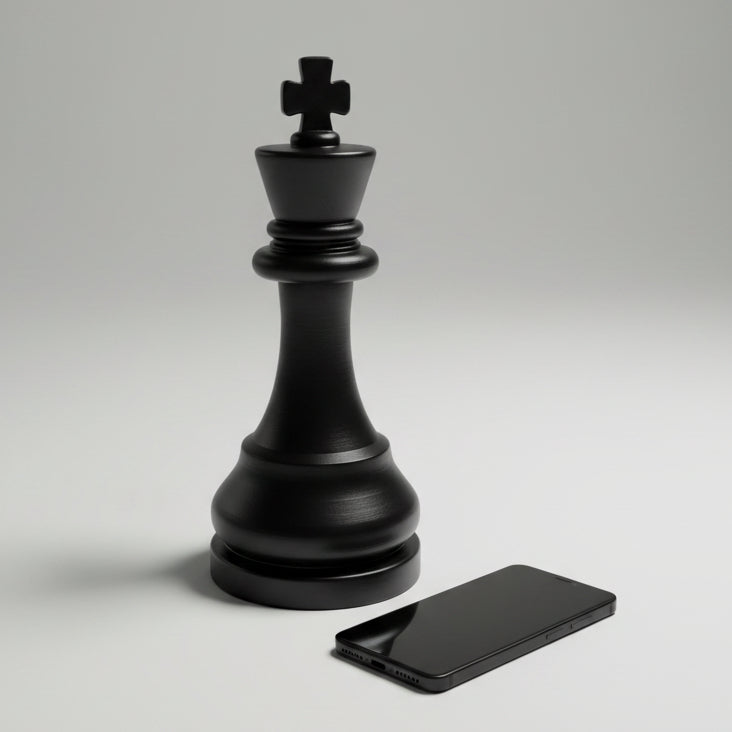 A matte black chess king standing upright next to a black smartphone on a light gray studio background.