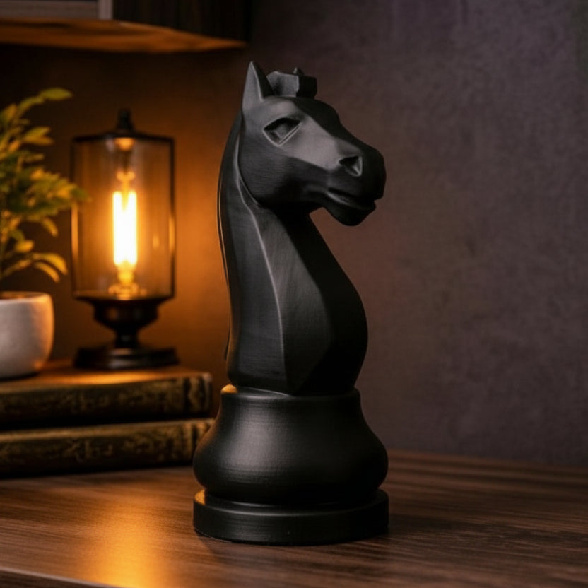 Black knight chess piece on a wooden shelf with decorative items and a world map in the background.