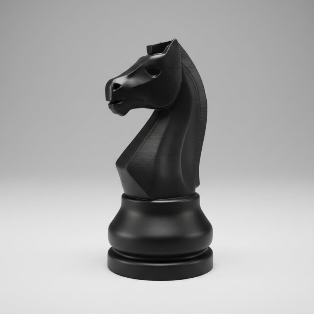 A matte black chess knight piece. Standing against a neutral gray studio background.