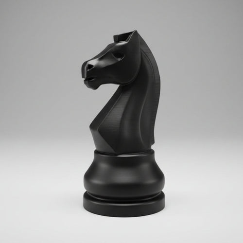 A matte black chess knight piece. Standing against a neutral gray studio background.