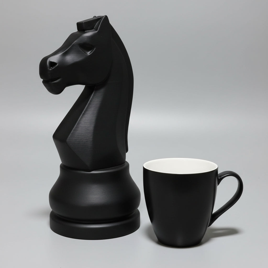 A matte black chess knight figurine standing next to a matching black ceramic mug with a white interior, set against a neutral gray studio background.