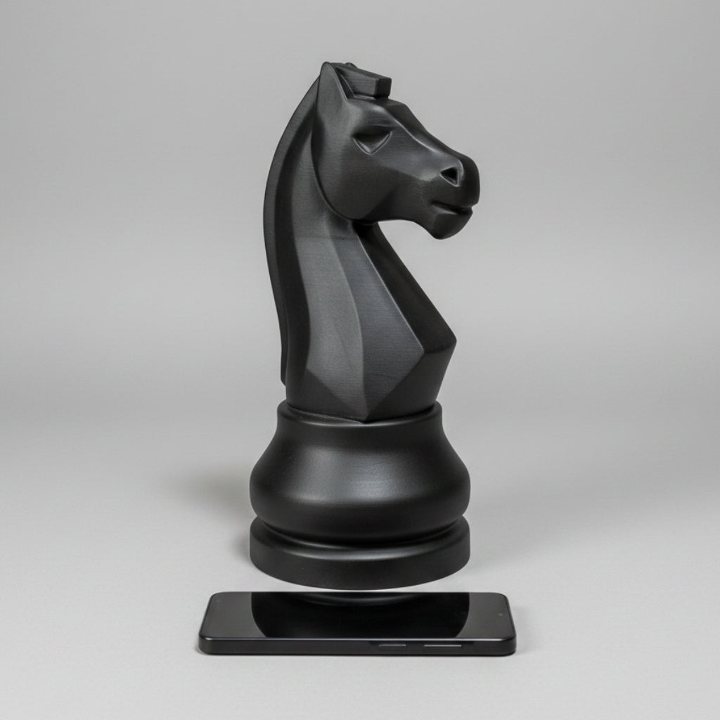 A matte black knight chess piece sculpture shown on a light gray studio background, with a smartphone placed in front to demonstrate its size.
