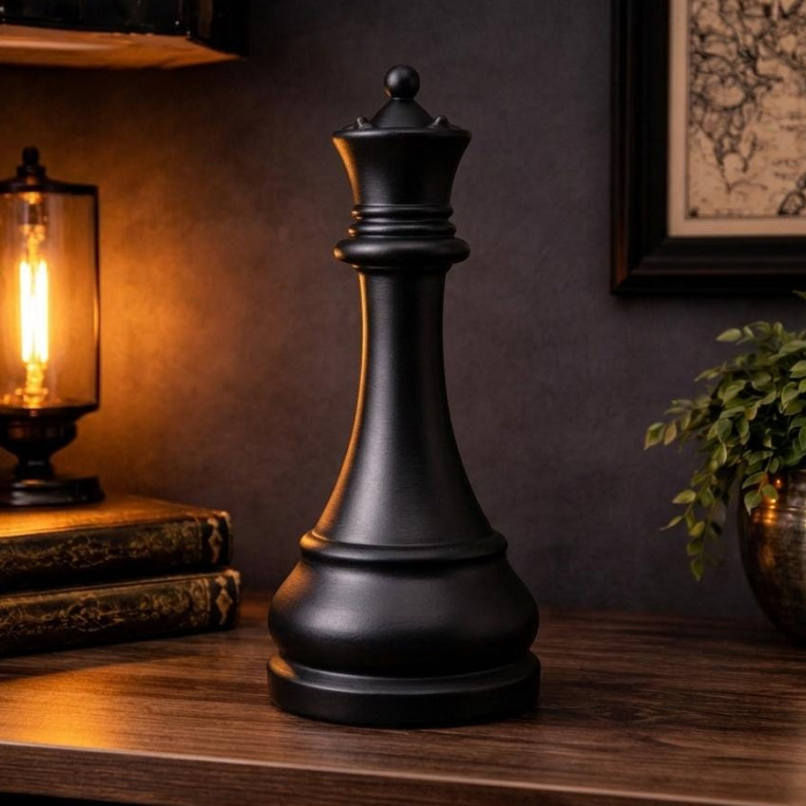 Large black queen chess piece on a wooden surface with decorative items in the background