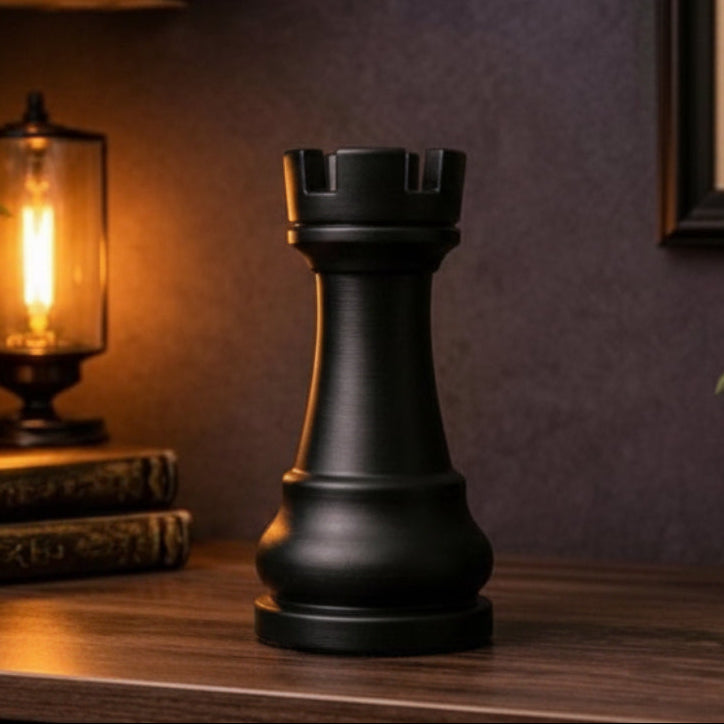 Large decorative rook chess piece on a wooden shelf with a lamp and plants in a dimly lit room.