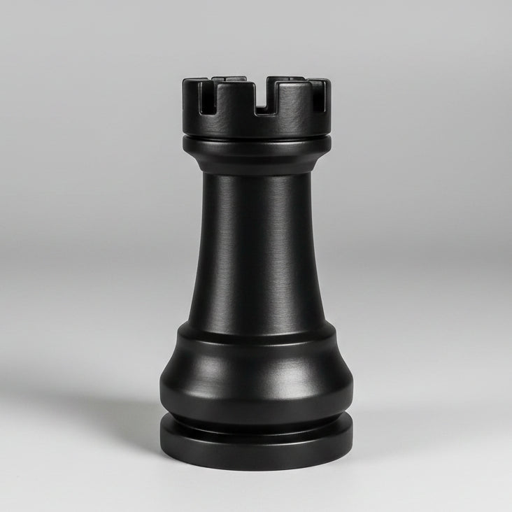A large black chess rook piece, standing upright on a light gray gradient background.