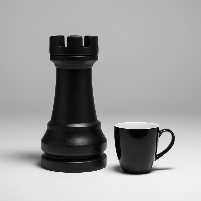 A matte black chess rook displayed next to a matching black ceramic mug with a white interior on a light gray studio background.