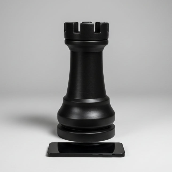 A matte black chess piece shaped like a rook, standing against a light gray studio background.