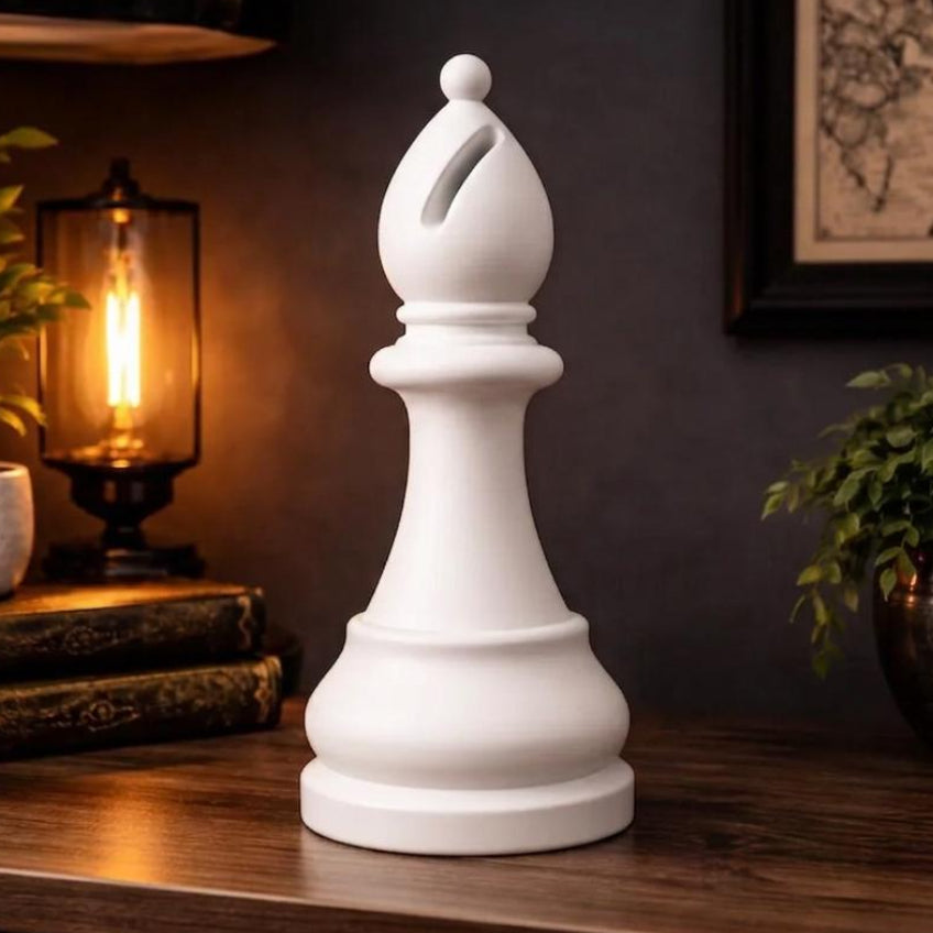 White bishop chess piece on a wooden surface with books and plants in the background