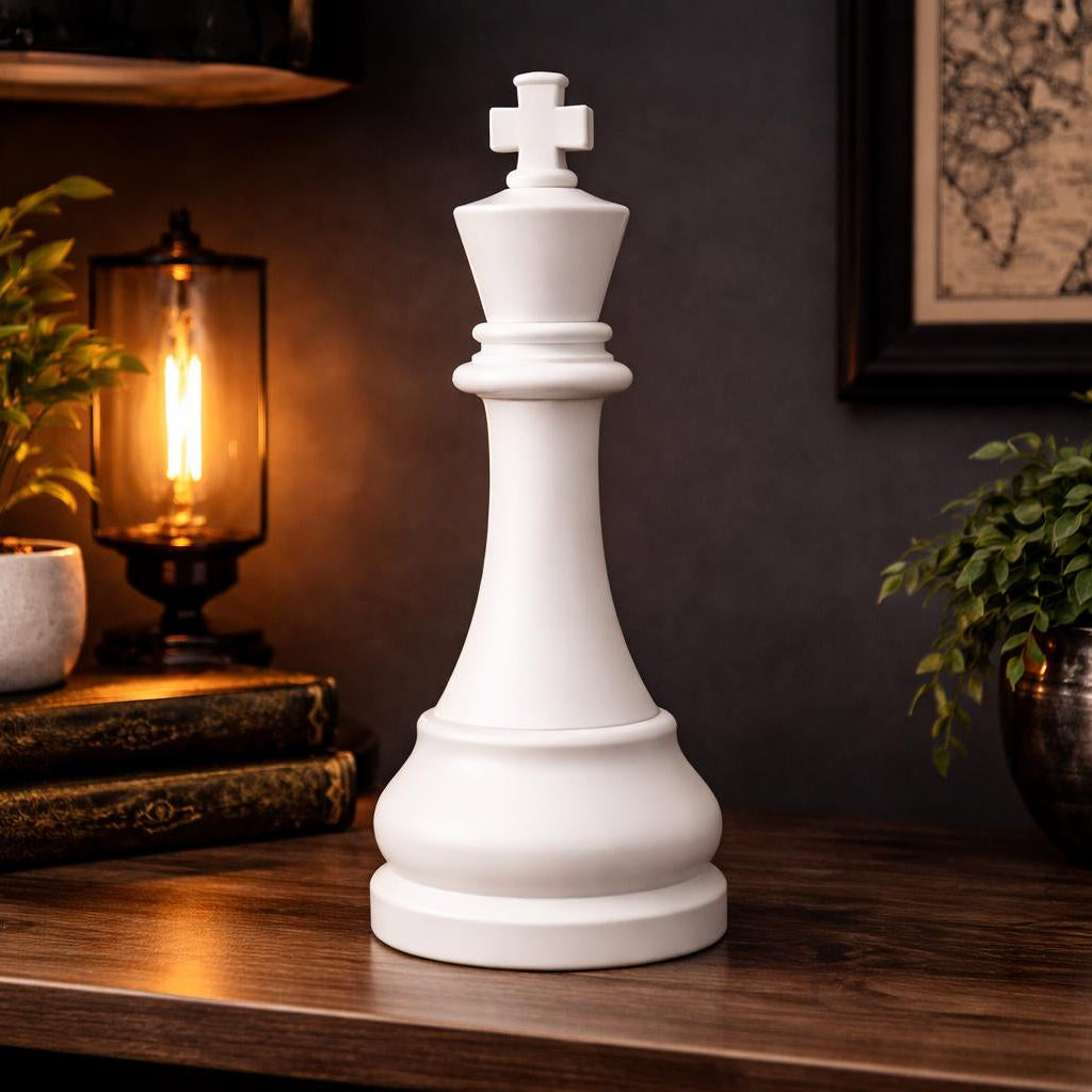 White king chess piece on a wooden surface with decorative items in the background