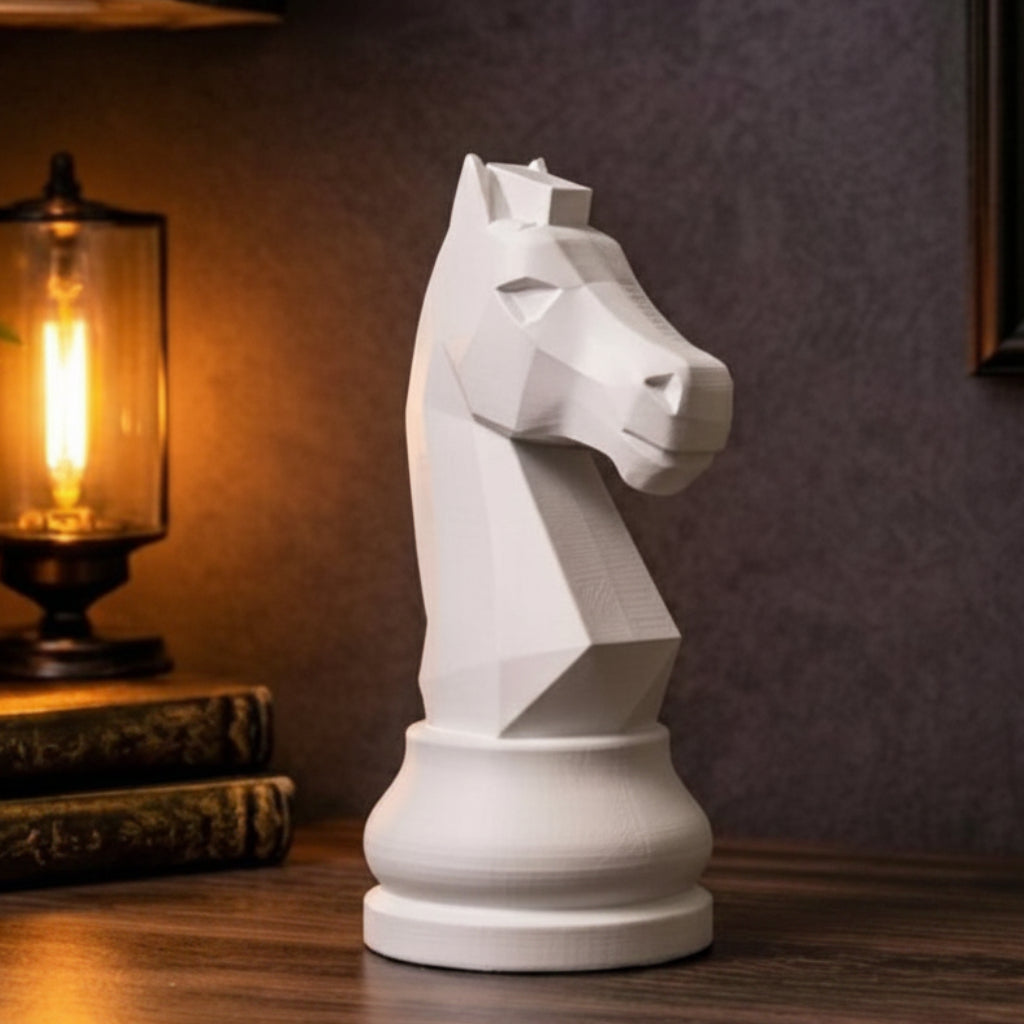 Decorative knight chess piece sculpture on a wooden shelf with plants and a map in the background
