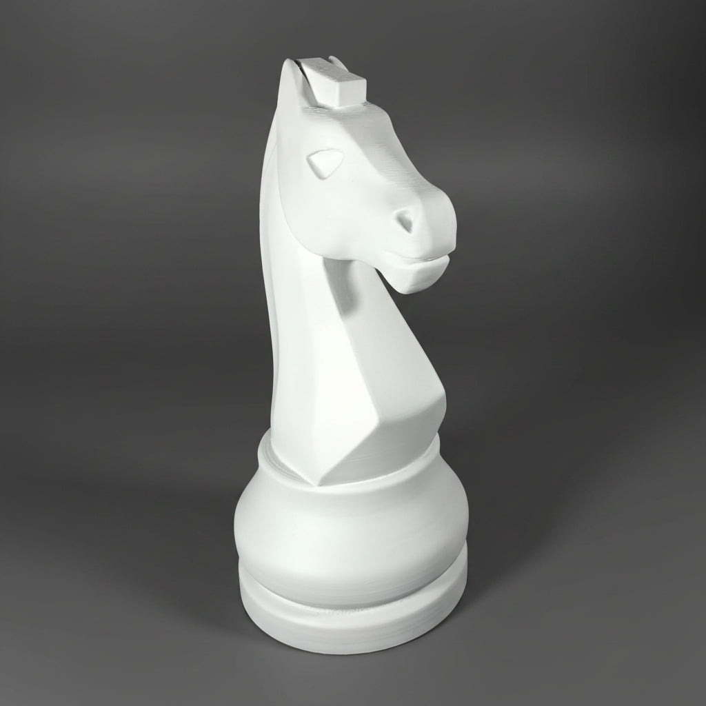 A white chess knight piece, resembling a knight on a chess board, shown from a three-quarters perspective against a dark gray gradient background.