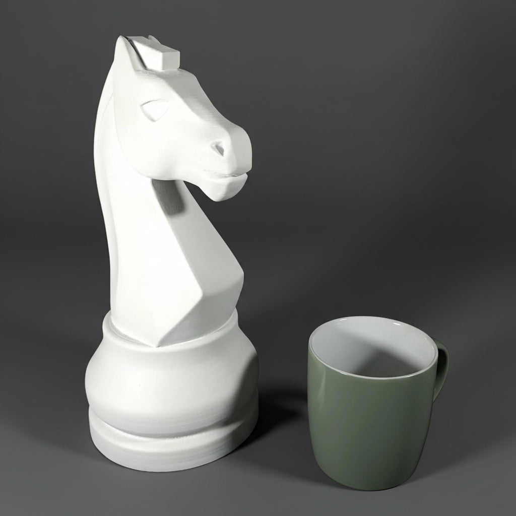 A white ceramic knight chess piece-shaped container or holder shown next to a matte sage green ceramic mug on a dark gray studio background.