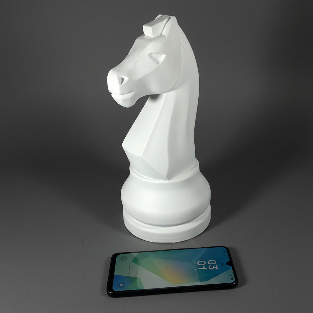 A white knight chess piece sculpture shown on a dark gray background, with a smartphone placed in front for scale.