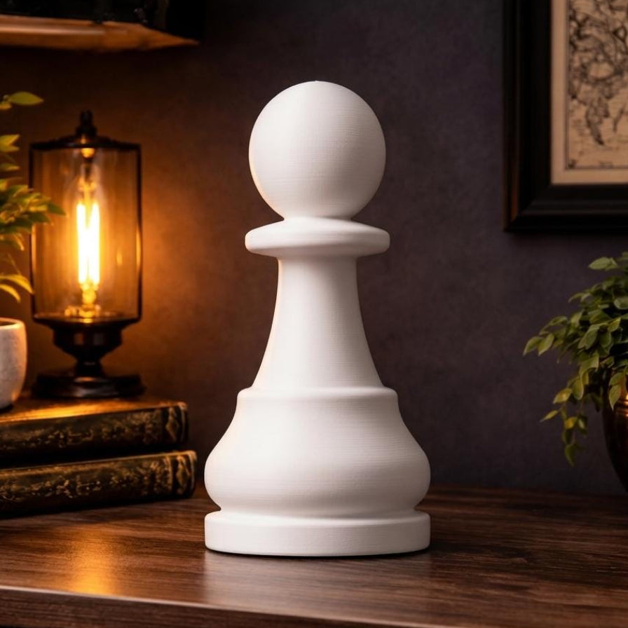 White pawn chess piece on a wooden surface with decorative items in the background