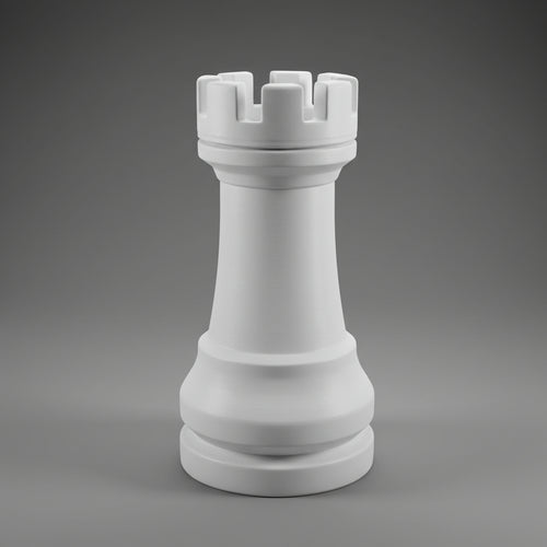 A large white chess rook piece, resembling a castle tower, photographed on a smooth gray gradient studio background.