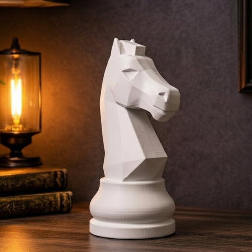 Decorative knight chess piece sculpture on a wooden shelf with plants and a map in the background