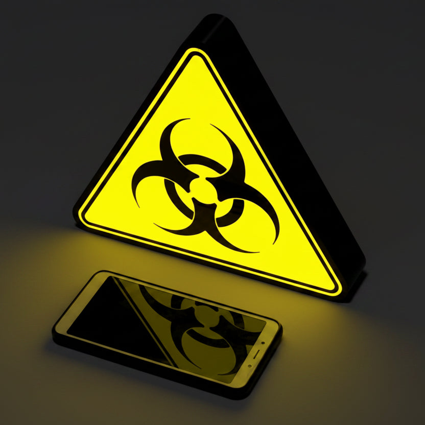 Yellow triangular biohazard led sign on a grey surface with a smartphone.