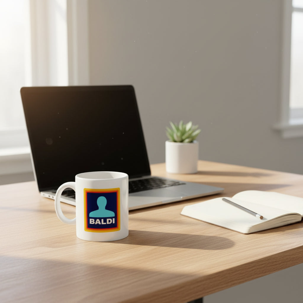 A white ceramic mug with a blue, yellow, and orange graphic featuring a silhouette and the word 'BALDI' sits on a white marble kitchen counter next to a glass French press filled with coffee, scattered coffee beans, and a small canvas bag of coffee in a bright, modern kitchen.