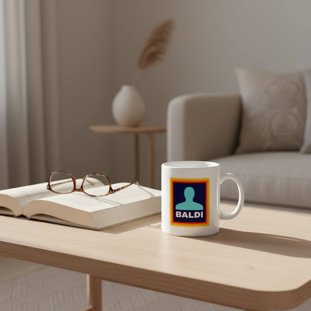 A white ceramic mug with a custom graphic print sits on a light wood coffee table in a cozy living room setting. The graphic features a blue silhouette on a dark blue background with a gold border and the text 'BALDI'.