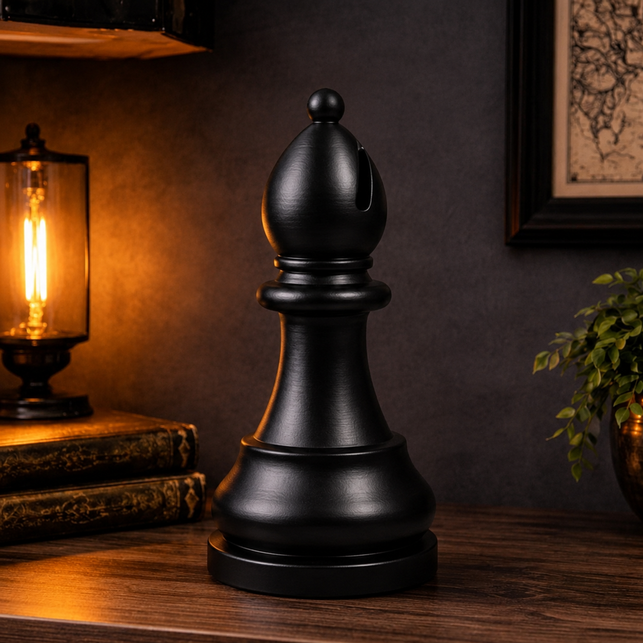 A matte black chess-piece sits on a wooden table in a warmly lit room setting with a lit lamp, books, and a plant in the background.