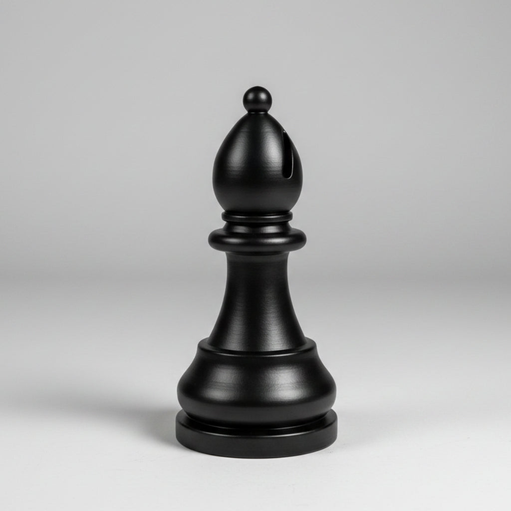 A matte black chess bishop piece centered on a light gray studio background.