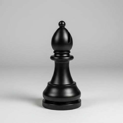 A matte black chess bishop piece centered on a light gray studio background.