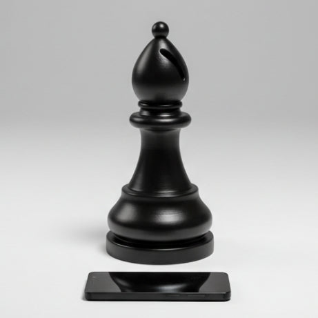 A matte black bishop chess piece with a smartphone photographed on a clean light gray studio background.