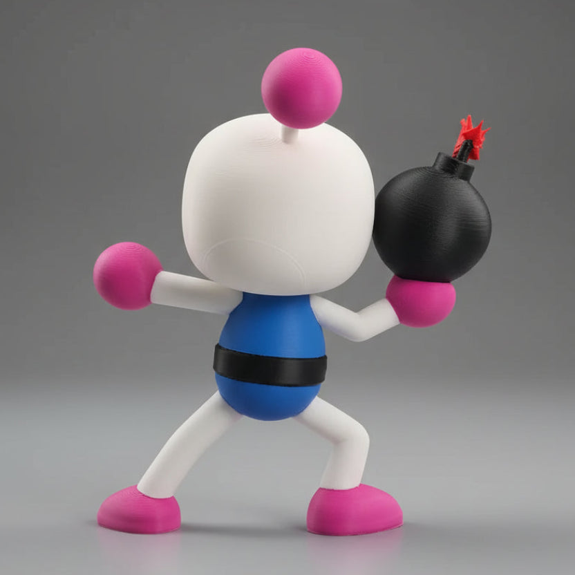 Bombermanl toy figure with a bomb on a plain background