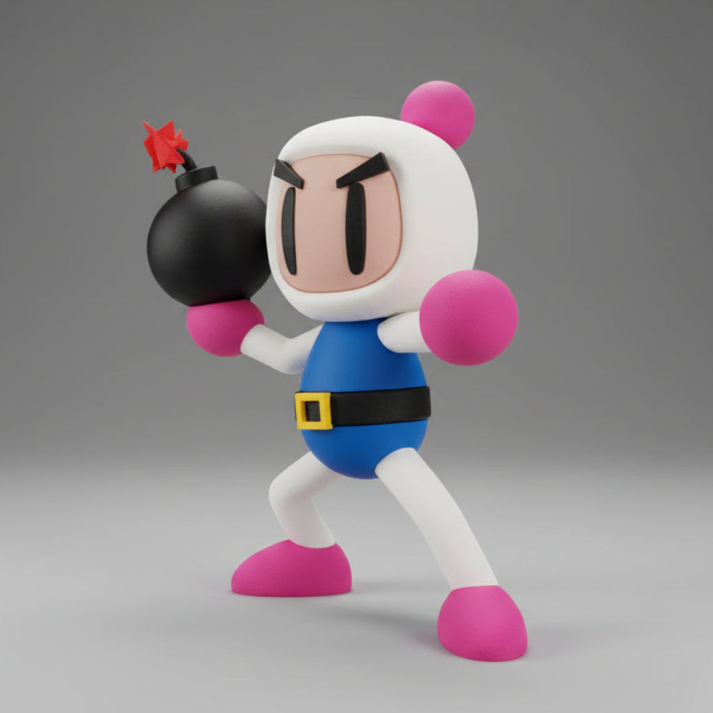 Bomberman character with a bomb and boxing gloves on a plain background