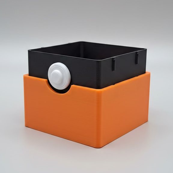 An orange and black square deck box container with a white circular button on the front side, placed on a grey photo backdrop.