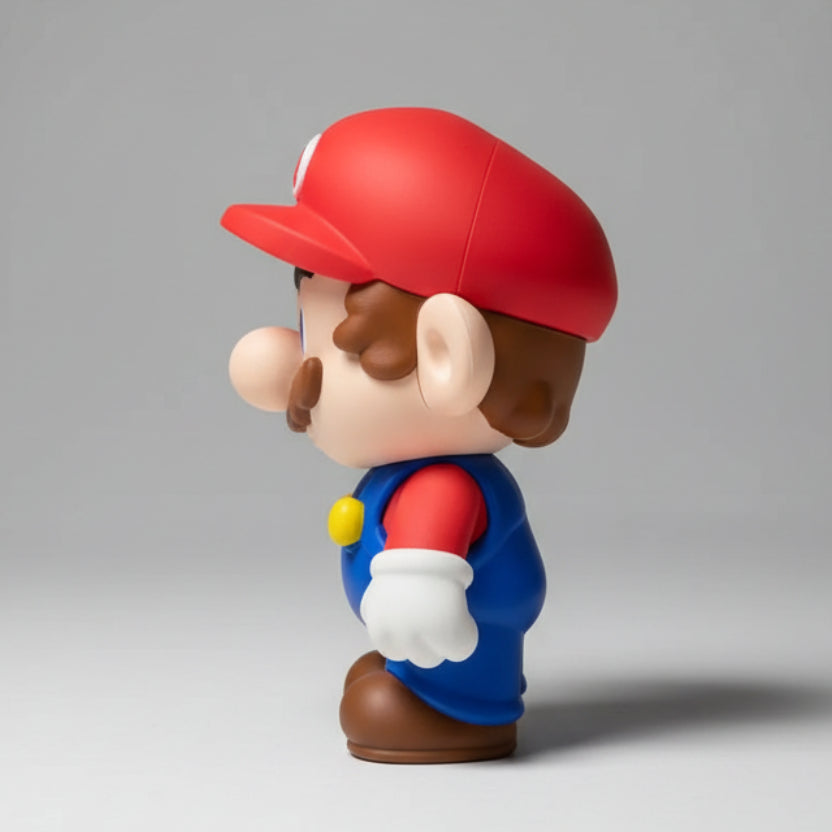 Mario figurine with red cap and blue outfit standing on a grey background.