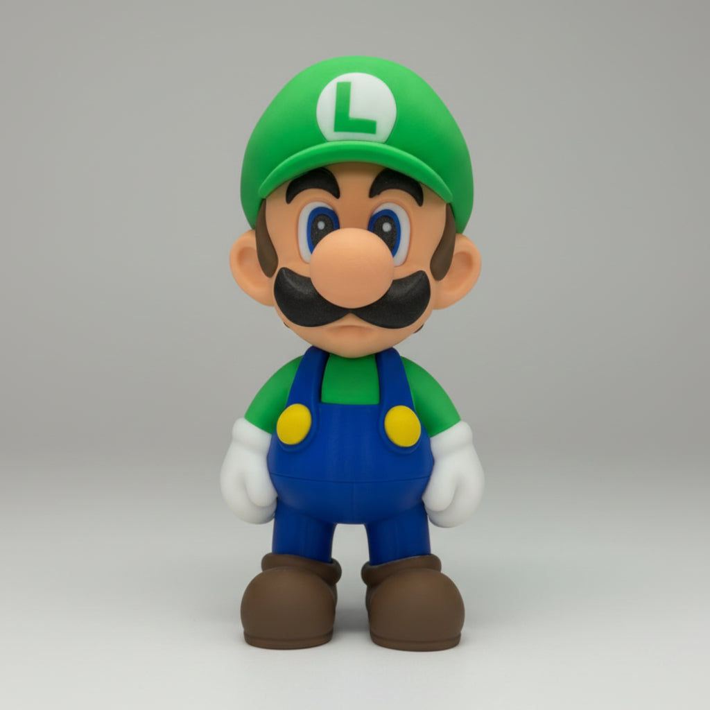 Toy figure of luigi in a green hat and blue overalls on a grey background