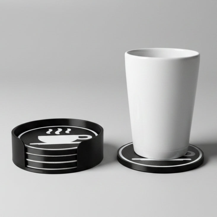 White mug on a coaster against a grey background.