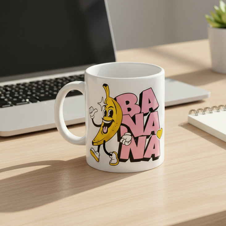 A white ceramic coffee mug with a cartoon banana character and the word 'BANANA' in pink bubble letters, sitting on a light wood desk next to a laptop.