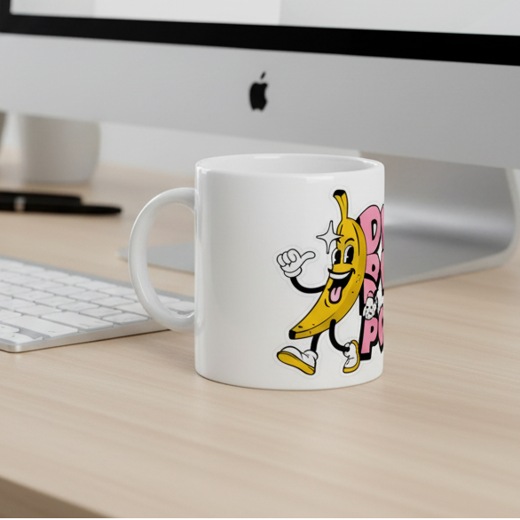 A white ceramic mug featuring a cartoon graphic of a smiling yellow banana character with arms and legs, standing on a white background.