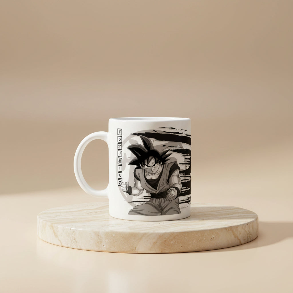 A white ceramic mug featuring a black and white graphic print of the anime character Goku.