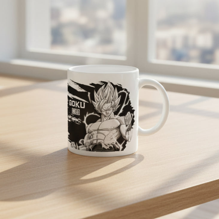 A white ceramic coffee mug with a black and white anime graphic of Goku, sitting on a light wooden table in front of a bright window.