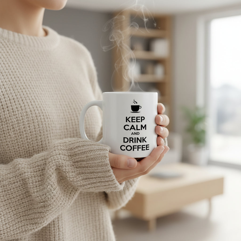 Woman in a cream knit jumper holding a steaming Keep Calm and Drink Coffee white ceramic mug in a bright living roomsetting.