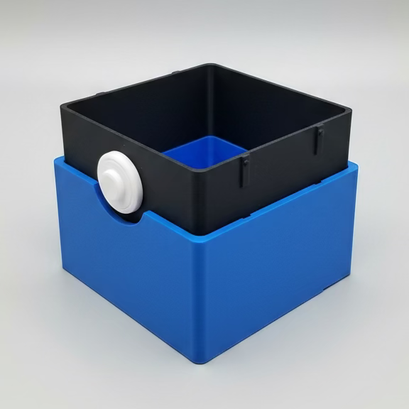 An angled view of the open bottom section of a 3D-printed Pokemon TCG deck box. The outer base is vibrant blue, while a black inner sleeve extends upward to hold cards securely. A white, circular Pokéball-style button is mounted on the front of the black inner sleeve, fitting into a curved cutout on the blue outer base.