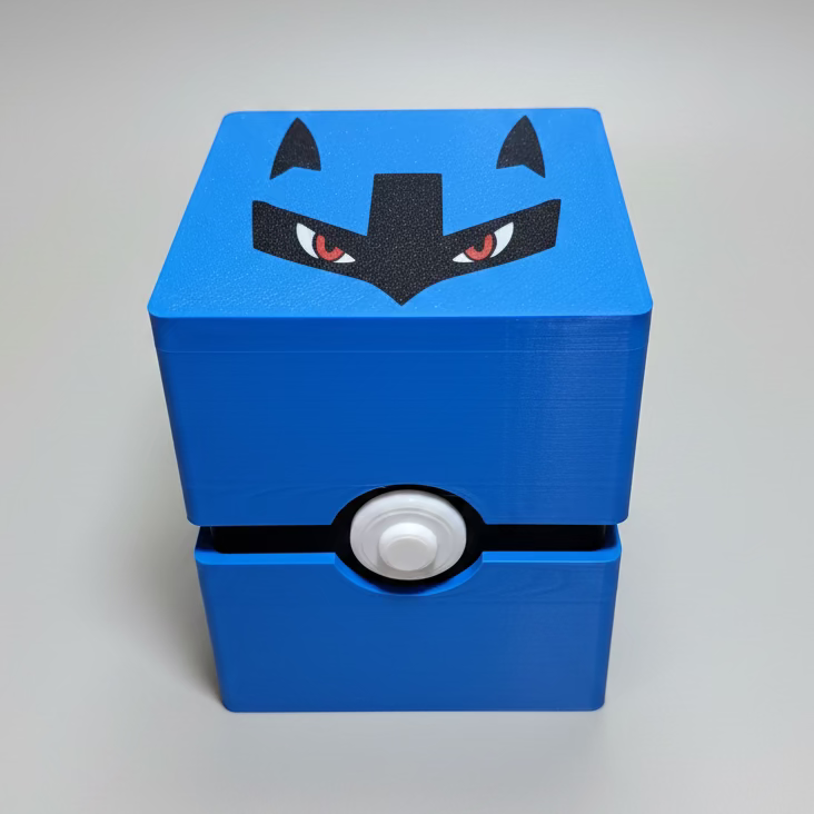 A front-facing view of a blue, 3D-printed Pokemon TCG deck box. The box consists of two halves connected in the middle. The top lid features a black and red Lucario eye graphic. In the center, where the top and bottom halves meet, is a white, circular Pokéball-style button.