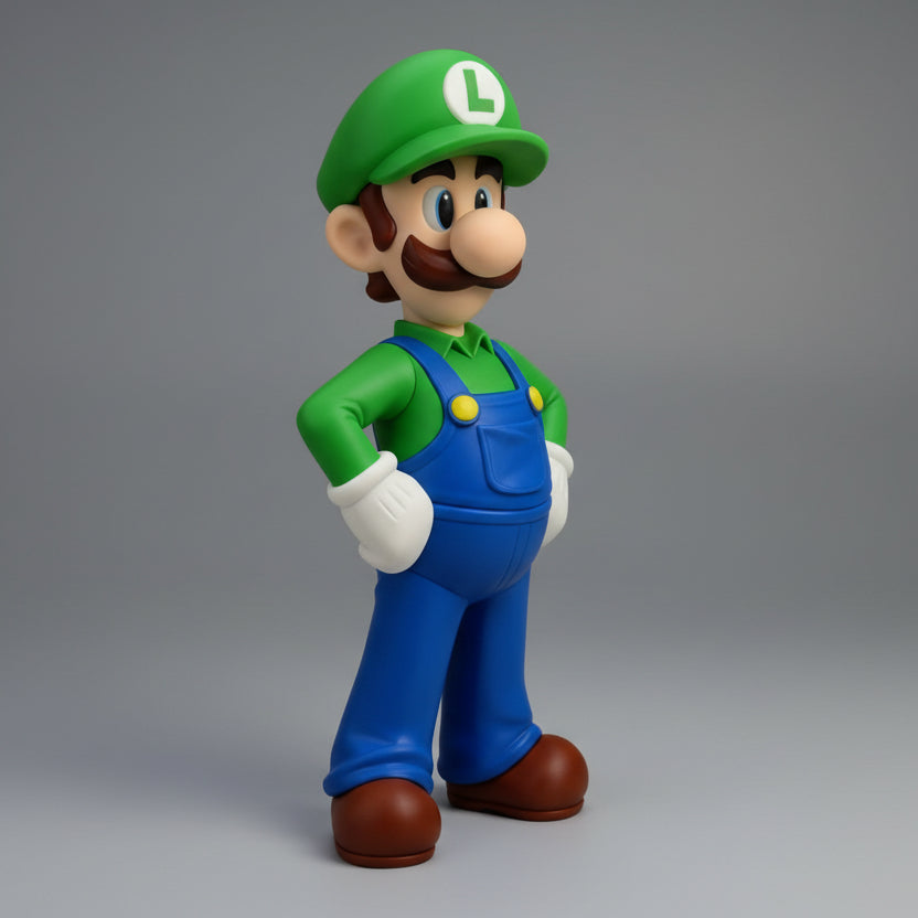 Side profile view of a Luigi collectible toy figurine standing with hands on hips, showcasing product details on a gray background.