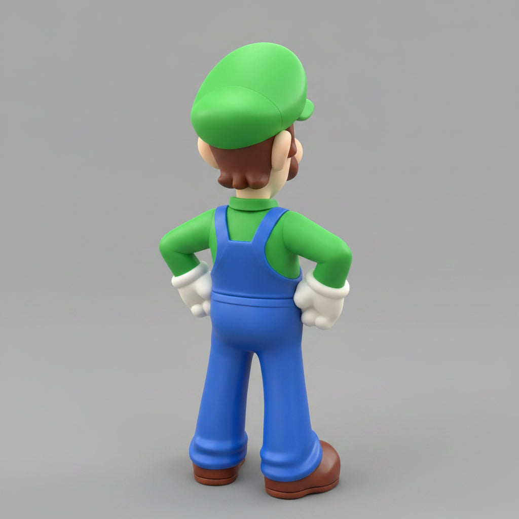 Back view of a Luigi collectible toy figurine standing with hands on hips, showcasing product details on a gray background.