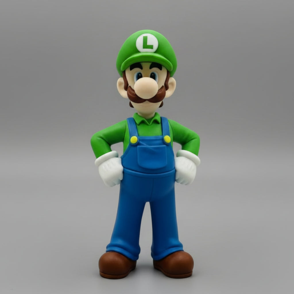 Front view of a Luigi collectible toy figurine standing with hands on hips, showcasing product details on a gray background.