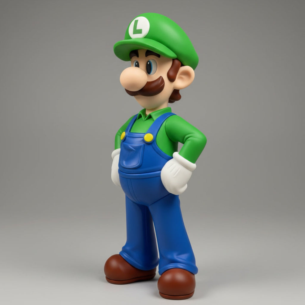 Side profile view of a Luigi collectible toy figurine standing with hands on hips, showcasing product details on a gray background.